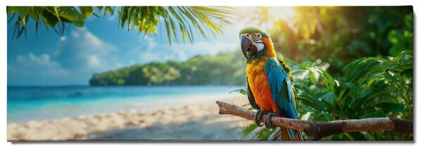 Obraz na plátně - Papoušek Ara hlídkuje na pláži FeelHappy.cz Velikost obrazu: 120 x 40 cm