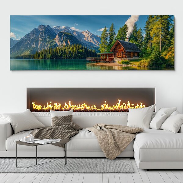 Obraz na plátně - Chladný podvečer v jezerní chatě FeelHappy.cz Velikost obrazu (šířka x výška): 120 x 40 cm