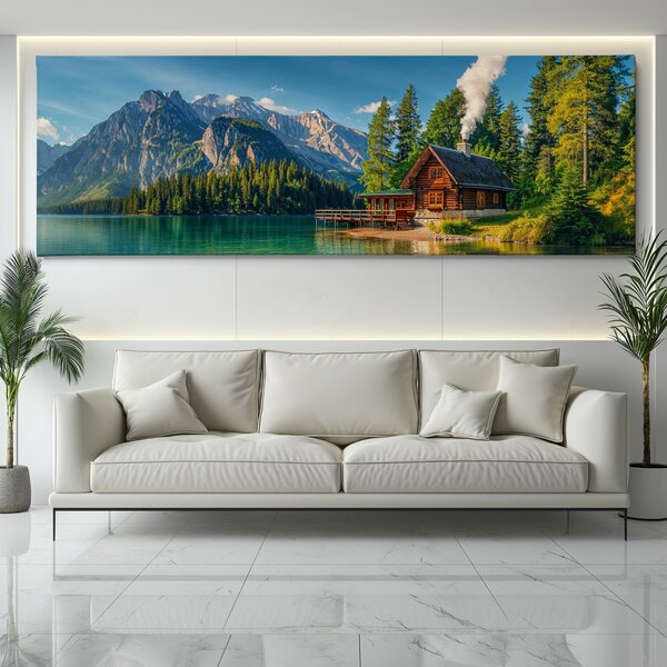 Obraz na plátně - Chladný podvečer v jezerní chatě FeelHappy.cz Velikost obrazu (šířka x výška): 120 x 40 cm