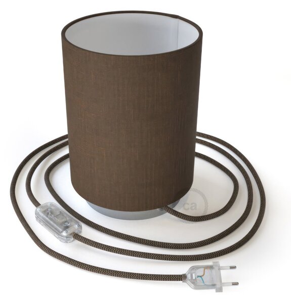 Creative cables Posaluce, kovové svítidlo s hnědým válcovým stínidlem, textilním kabelem, in-line vypínačem a 2-pólovou zástrčkou Barva: Chrom-Brown Camelot