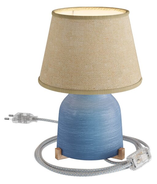 Creative cables Keramická stolní lampa vaso se stínidlem Impero, s textilním kabelem, vypínačem a dvoupólovou zástrčkou Barva: Modrá strukturovaná-světlá juta