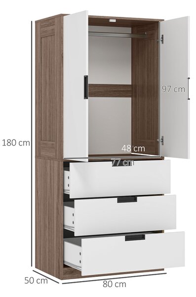 HOMCOM Moderní Šatní Skříň pro Dospělé s 3 Zásuvkami a Zavěsným Tyčí, Rozměry 80Š x 50H x 180V cm, Hnědá | Aosom