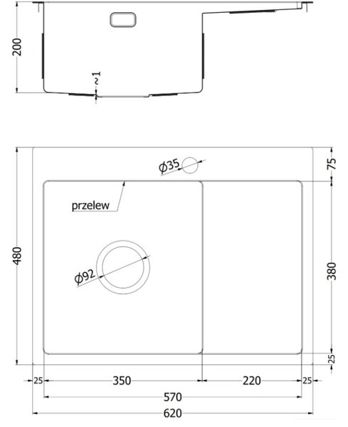 Mexen Exar nerezový dřez s 1 komorou a odkapávačem, levý 620 x 480 mm, černý