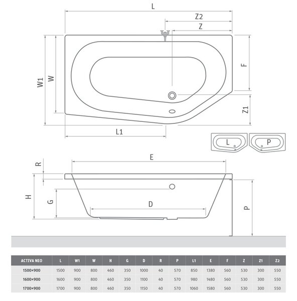 Roth Asymetrická akrylátová vana ACTIVA NEO Varianta: rozměry: 150x90 cm, orientace: Pravá - (ACTIVA NEO 150 P - 9850000)