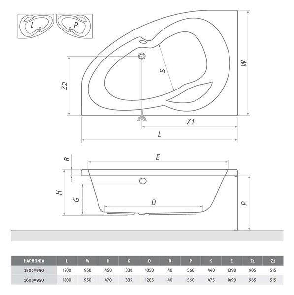 Roth Asymetrická akrylátová vana HARMONIA Varianta: rozměry: 150x95 cm, orientace: Levá - (HARMONIA 150 L - 9800000)