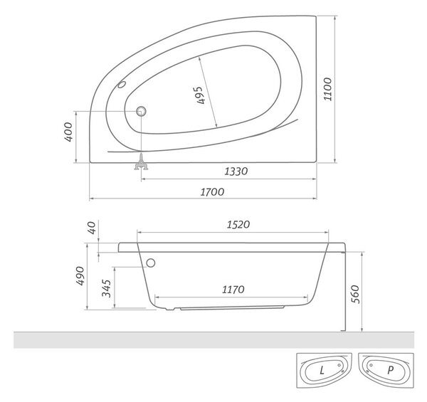 Roth Asymetrická akrylátová vana ISABELLA NEO Varianta: rozměry: 170x110 cm, orientace: Levá - (ISABELLA NEO 170 L - 9700000)