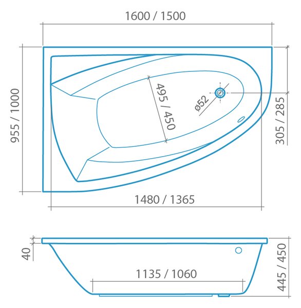 Roltechnik Outlet Asymetrická akrylátová vana iBATH ASYMMETRIC NEO Varianta: rozměry: 150x95 cm, orientace: Pravá - (iBATH_ASYMMETRIC_NEO_150P - 9160000)