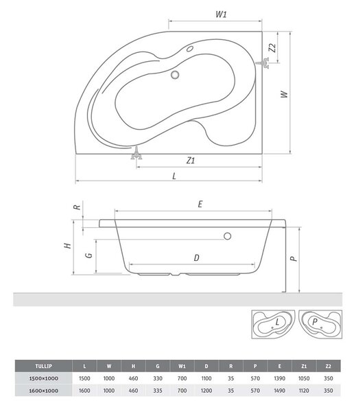 Roth Asymetrická akrylátová vana TULLIP Varianta: rozměry: 150x100 cm, orientace: Levá - (TULLIP /150 L - 5157000)