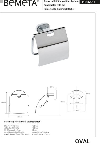 Bemeta Design OVAL: Držák toaletního papíru, s krytem - 118412011