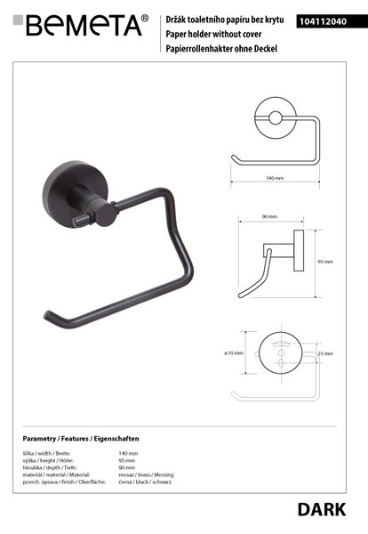 Bemeta Design DARK: Držák toaletního papíru, bez krytu - 104112040