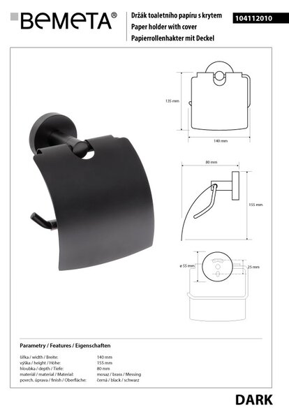 Bemeta Design DARK: Držák toaletního papíru, s krytem - 104112010