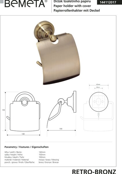 Bemeta Design RETRO bronz: Držák toaletního papíru, s krytem - 144112017