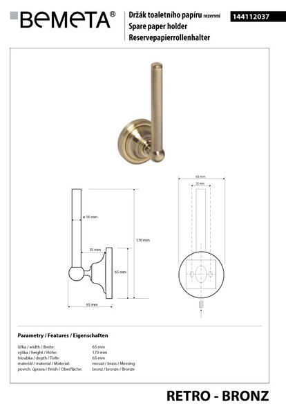 Bemeta Design RETRO bronz: Držák toaletního papíru, rezervní - 144112037