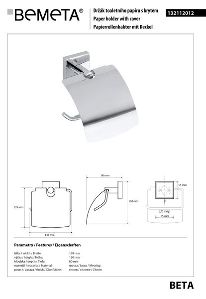 Bemeta Design BETA: Držák toaletního papíru, s krytem - 132112012