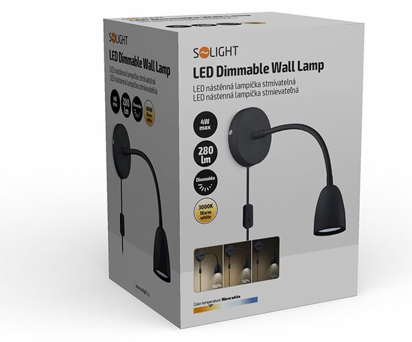 SOLIGHT LED nástěnná lampička, stmívatelná, 4W, 280lm, 3000K, černá