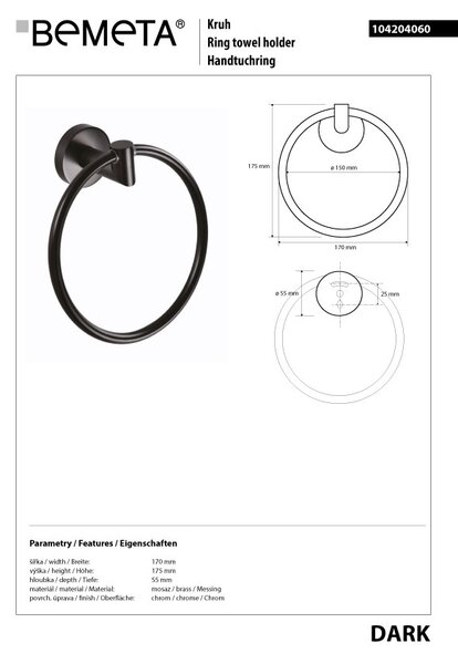 Bemeta Design DARK: Držák ručníků, kruhový - 104204060