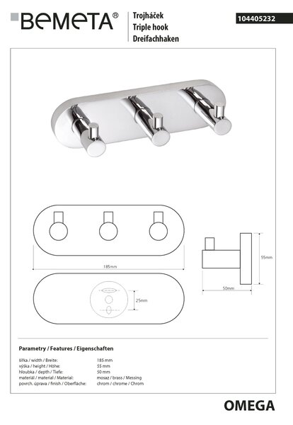 Bemeta Design OMEGA: Věšák, se 3 háčky - 104405232