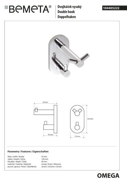 Bemeta Design OMEGA: Věšák, se 2 háčky - 104405222