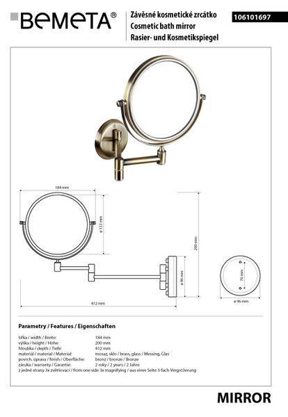 Bemeta Design RETRO bronz: Kosmetické zrcátko, ø 140 mm, oboustranné - 106101697