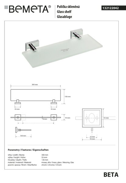 Bemeta Design BETA: Polička, 300 mm, sklo - 132122042