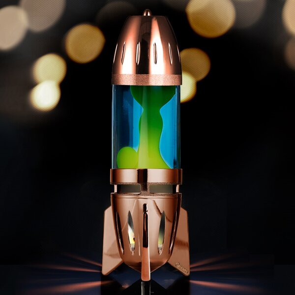 Mathmos Fireflow R1 Copper, originální lávová lampa měděná s modrou tekutinou a žlutou lávou, pro čajovou svíčku, výška 24cm