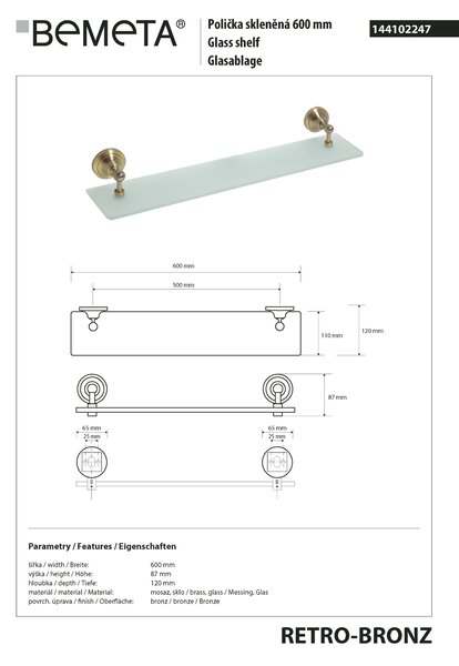 Bemeta Design RETRO bronz: Polička, 600 mm, sklo - 144102247