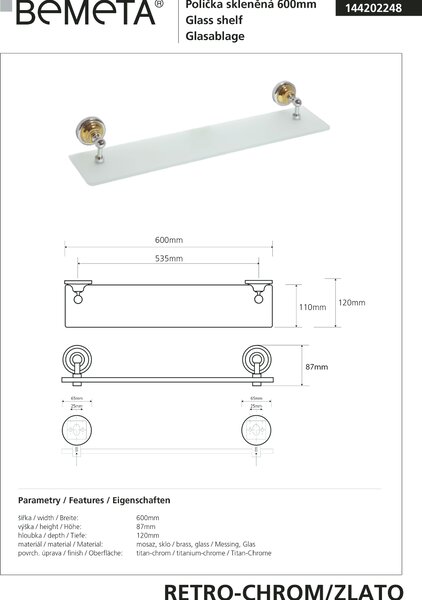 Bemeta Design RETRO gold-chrom: Polička, 600 mm, sklo - 144202248