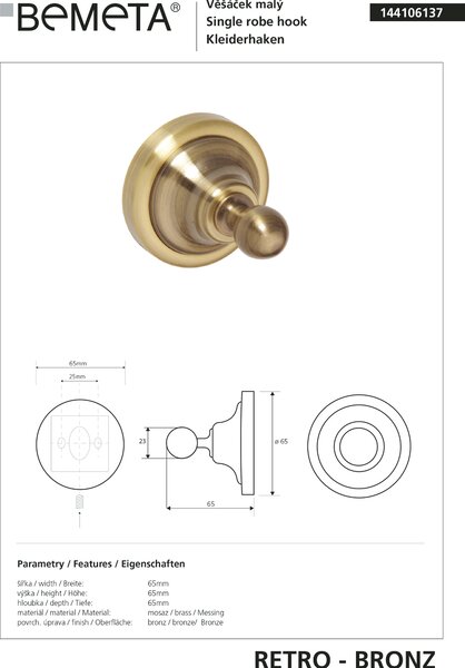 Bemeta Design RETRO bronz: Háček - 144106137