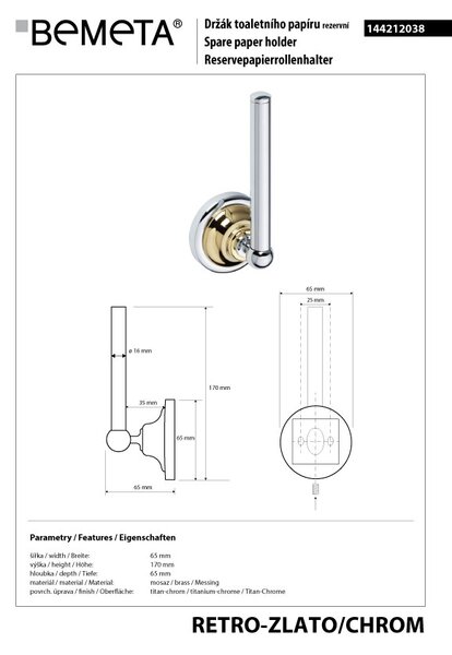 Bemeta Design RETRO gold-chrom: Držák toaletního papíru, rezervní - 144212038