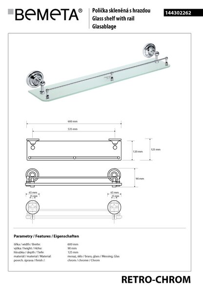 Bemeta Design RETRO chrom: Polička, 600 mm, s hrazdou, sklo - 144302262