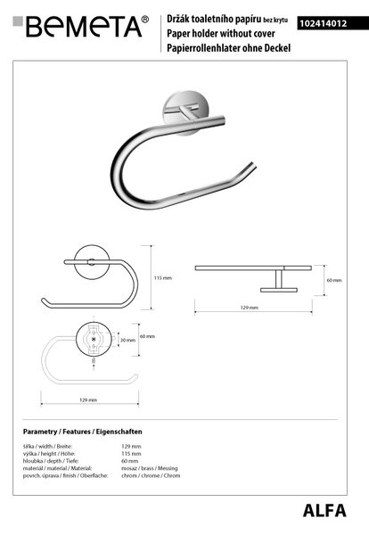 Bemeta Design ALFA: Držák toaletního papíru, bez krytu - 102414012