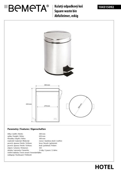 Bemeta Design Odpadkový koš, 30 l, nerez, lesk - 104315092