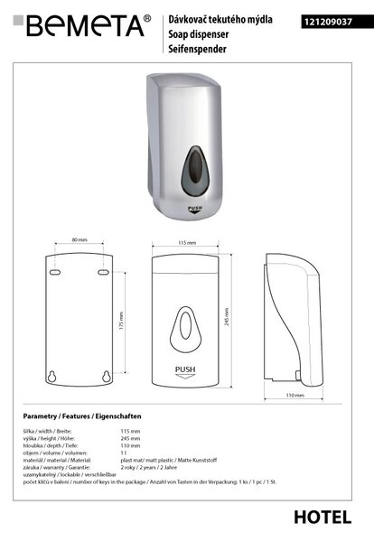 Bemeta Design Dávkovač mýdla, 1000 ml, plast, šedá - 121209037