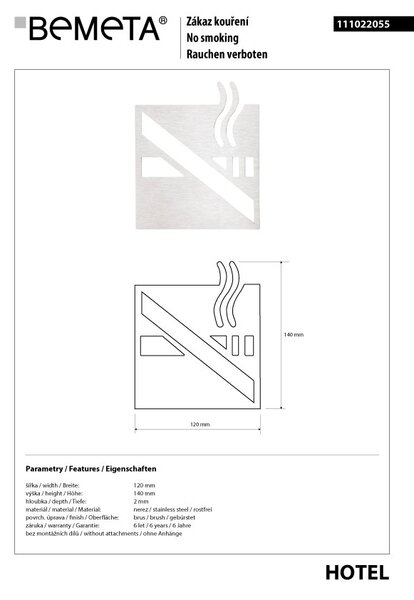 Bemeta Design Ikona - Kouření zakázáno, čtverec, mat - 111022055