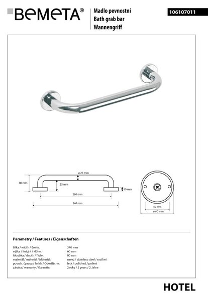 Bemeta Design Madlo, 340 mm, nerez, lesk - 106107011
