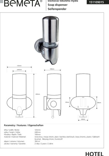 Bemeta Design Dávkovač mýdla, 350 ml, nerez, mat - 151109015