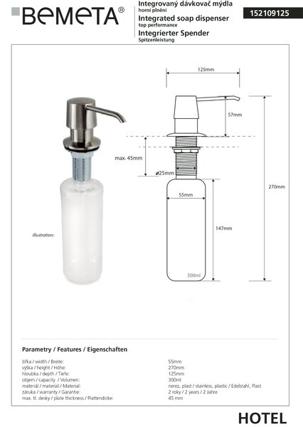 Bemeta Design Dávkovač mýdla/saponátu, 300 ml, integrovaný, mosaz/plast, mat - 152109125