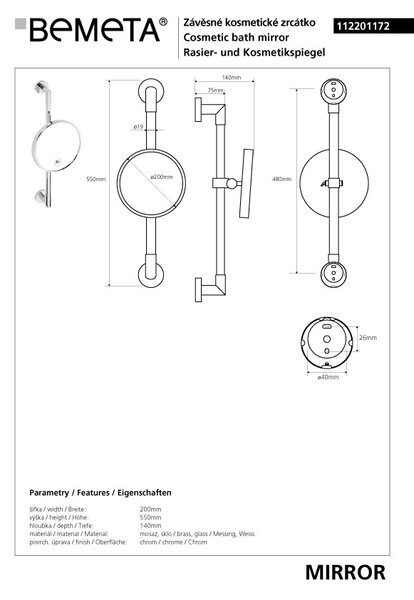 Bemeta Design Kosmetické zrcátko, ø 200 mm, jednostranné, na tyči - 112201172