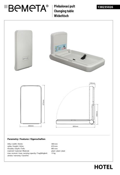 Bemeta Design Přebalovací pult nástěnný, plast, bílá/šedá - 138235026