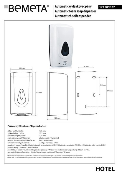Bemeta Design Automatický dávkovač pěnového mýdla, 1000 ml, plast, bílý - 121209032