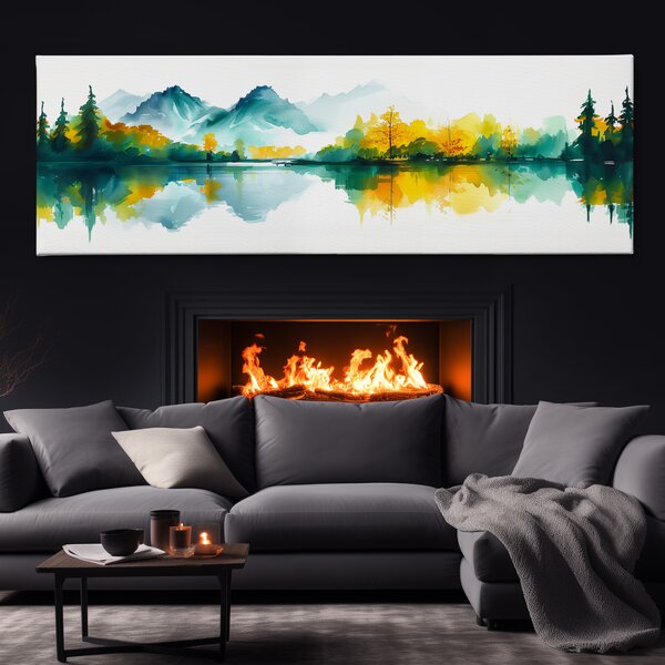 Obraz na plátně - Hory a lesy u jezera Motino FeelHappy.cz Velikost obrazu (šířka x výška): 120 x 40 cm