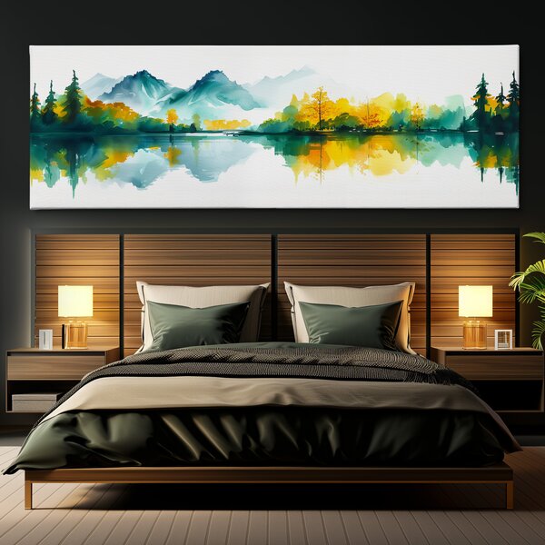 Obraz na plátně - Hory a lesy u jezera Motino FeelHappy.cz Velikost obrazu (šířka x výška): 120 x 40 cm