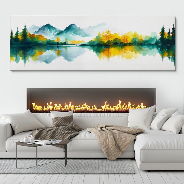 Obraz na plátně - Hory a lesy u jezera Motino FeelHappy.cz Velikost obrazu (šířka x výška): 120 x 40 cm