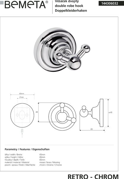 Bemeta Design RETRO chrom: Háček, dvojitý - 144306032