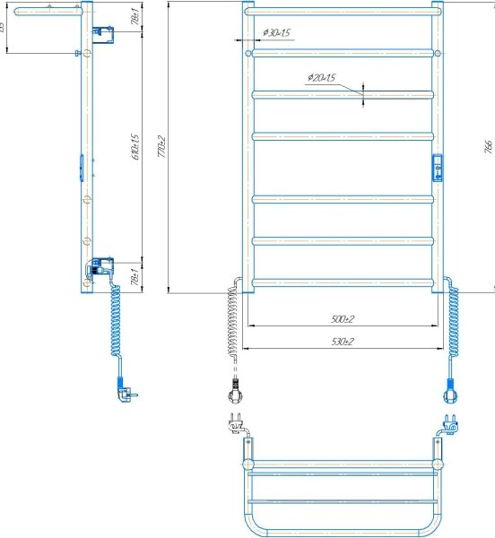 Koupelnový žebříkový radiátor HOME 95W/230V 77x53 cm nerez/chrom pravá