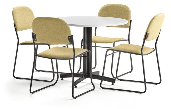AJ Produkty Sestava SANNA + DAWSON, stůl Ø900 mm, bílá + 4 židle, žlutá