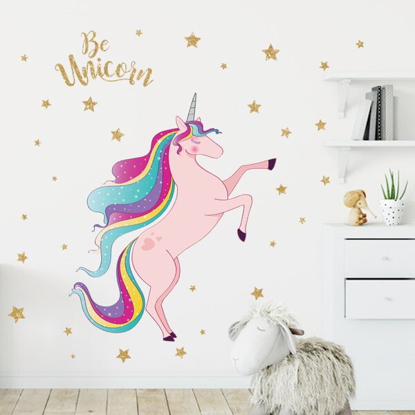 Impresi Samolepka do dětského pokoje Růžový jednorožec Unicorn s hvězdami - 90x30cm