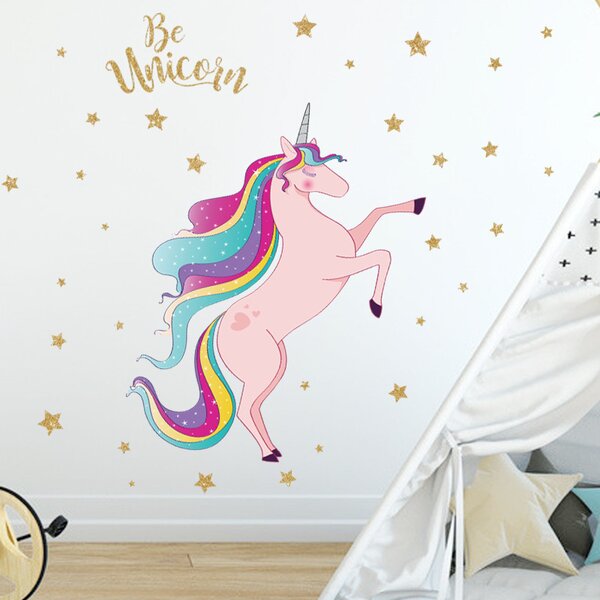 Impresi Samolepka do dětského pokoje Růžový jednorožec Unicorn s hvězdami - 90x30cm