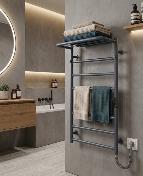 Koupelnový žebříkový radiátor HOME 95W/230V 77x53 cm nerez/antracit pravá