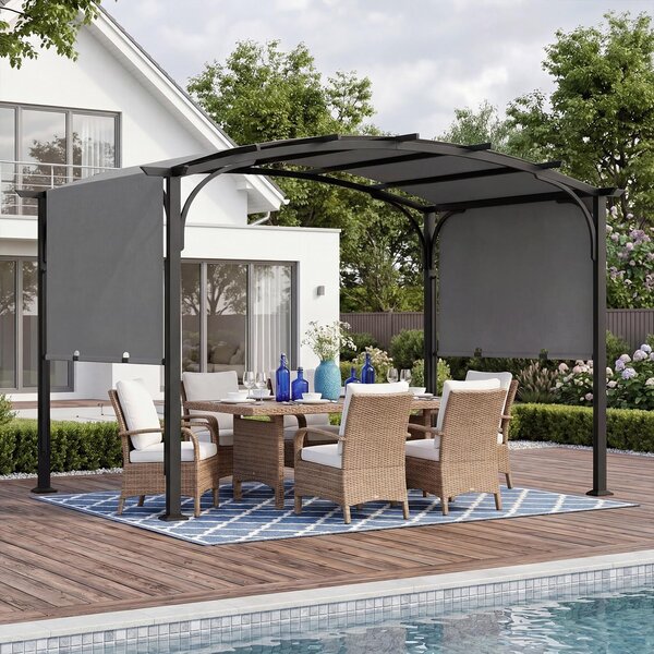Pergola COSTWAY, altán 3 x 2,4 m s posuvnou střechou, zahradní altán s ochranou proti slunci, ocelový rám, zastřešení terasy
